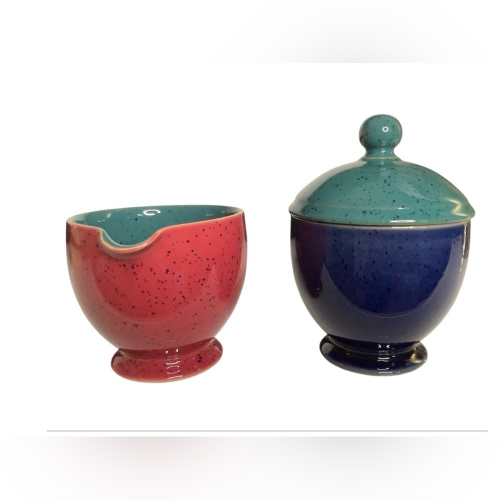 Vintage Denby England Harlequin Stoneware Sugar & Creamer Set Red Navy and Green - Picture 3 of 10